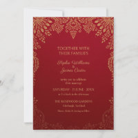 Convite de Casamento Paisley Dourado Carmesim