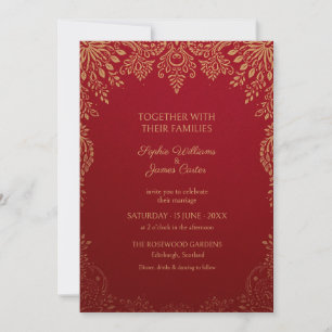 Convite de Casamento Paisley Dourado Carmesim