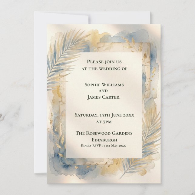 Convite de Casamento Palma Dourada Azul (Frente)
