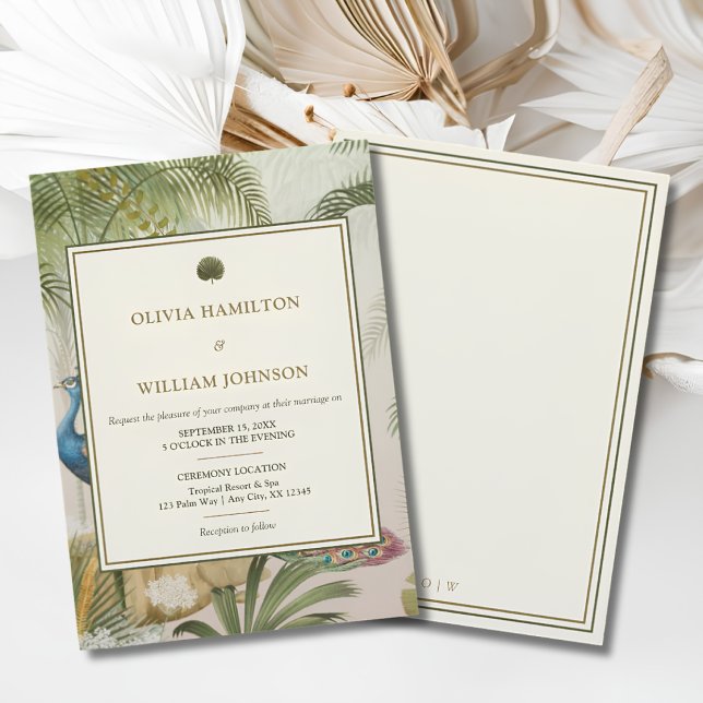 Convite de Casamento Palma Pavão (Peacock Palm wedding invitation with an ivory double-border back and personalized initials)