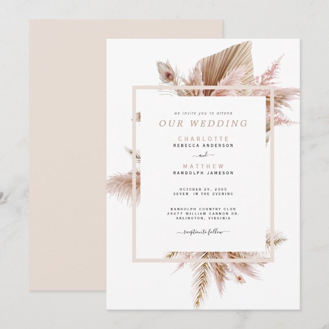 Convite de Casamento Pampas Bege Sem Pais (Frente/Verso)