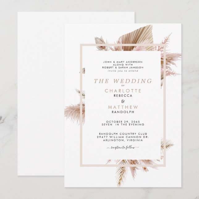 Convite de Casamento Pampas Neutro para os Pais de (Frente/Verso)