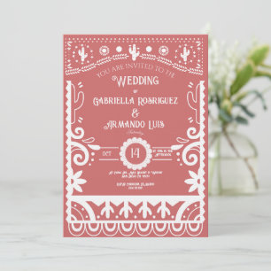 Convite de Casamento Papel Picado Rosa Coral e Bra