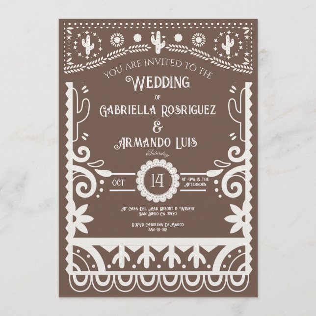 Convite de Casamento Papel Picado Rustic Brown & W (Frente)