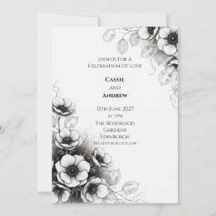 Convite de Casamento Papoula Anêmona Preto e Branc