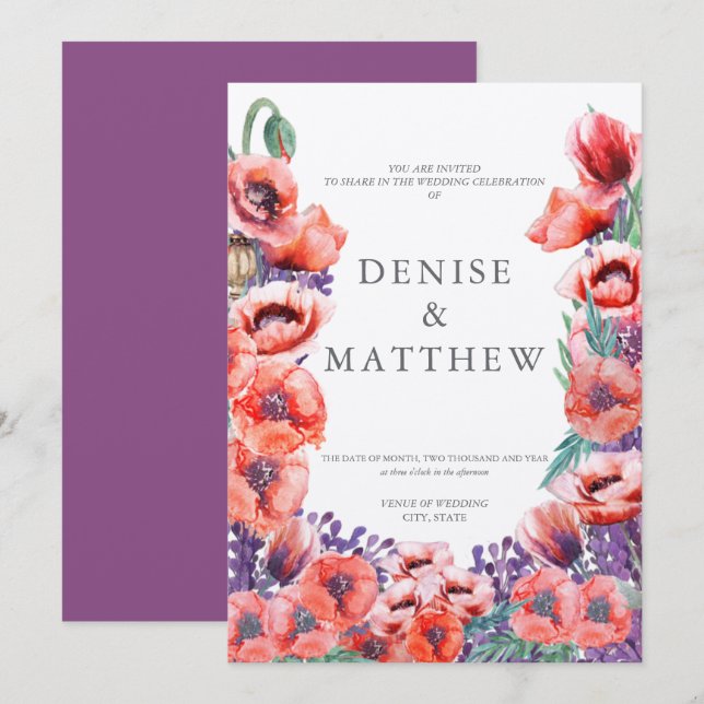 Convite de Casamento Papoula com Fundo de Dália (Frente/Verso)