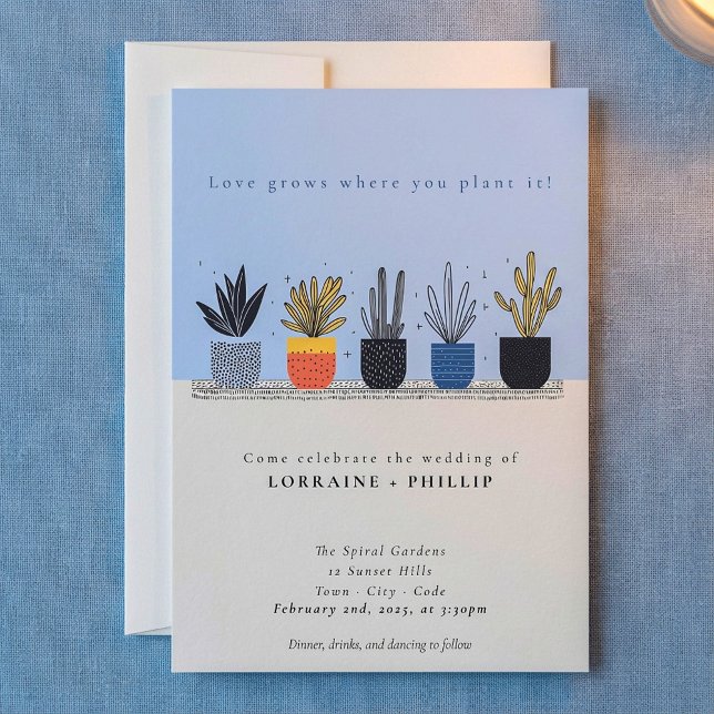 Convite de casamento para amantes de plantas da ca (Bright house plant lover wedding invitation.)