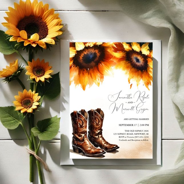 Convite De Casamento Para Boots Do Cowboy De Giras (Sunflower and cowboy boots wedding invitations for western barn weddings)