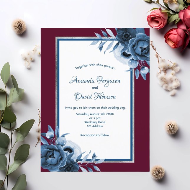 Convite de casamento para florais prateados azuis (Criador carregado)