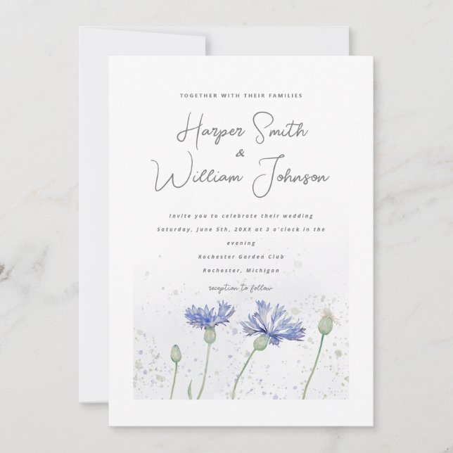 convite de casamento para flores de aquarela azul (Frente)