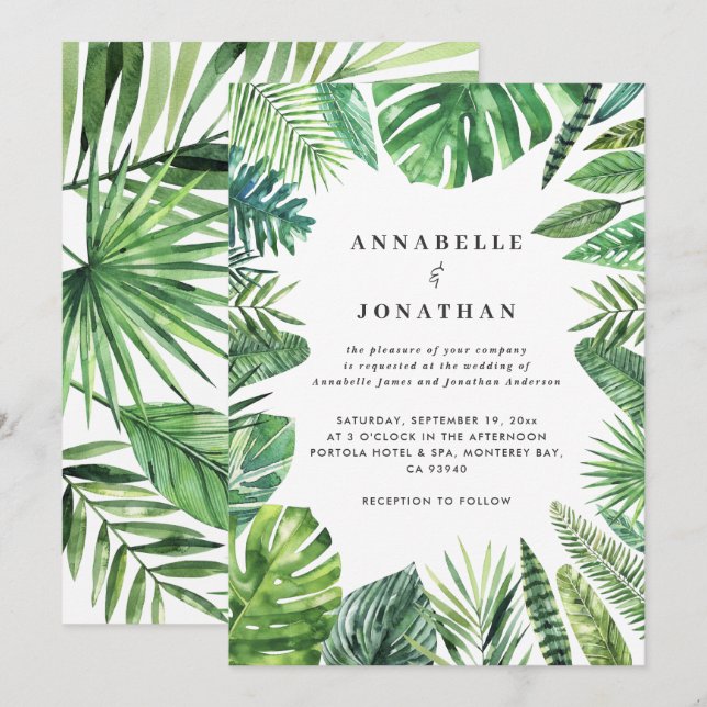 Convite de casamento para folhagem de folha de pal (Frente/Verso)