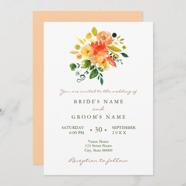 Convite de casamento para laranja floral de aquare (Frente/Verso)