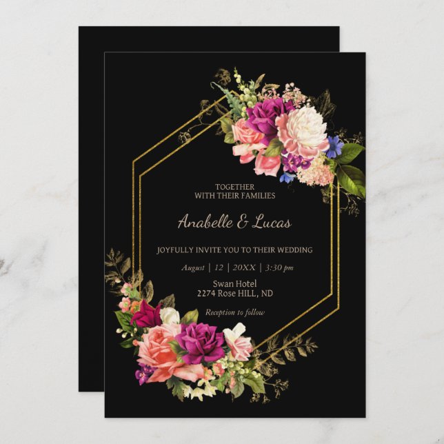 Convite de casamento para o quadro de ouros florai (Frente/Verso)