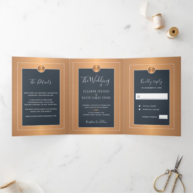 Convite de casamento para ouro de marinho de cobre (Dentro)