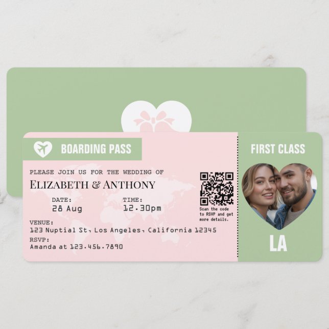 Convite de Casamento Passagem Aérea Rosa e Verde (Frente/Verso)
