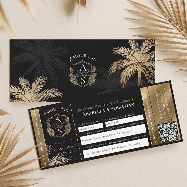 Convite de Casamento Passagem Aérea Tropical em Pr (Black Gold Tropical Boarding Plane Ticket Wedding Invitation)