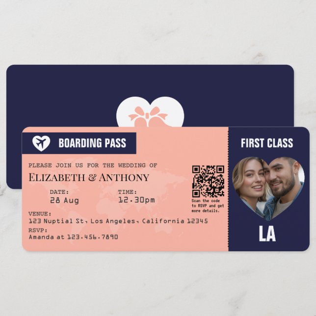 Convite de Casamento Passagem de Embarque Navy & P (Frente/Verso)