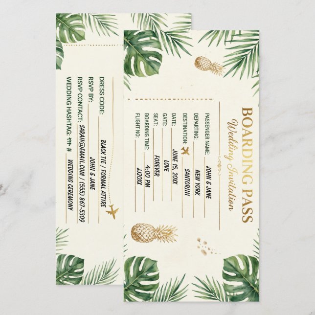 Convite de Casamento Passagem de Embarque Tropical (Frente/Verso)