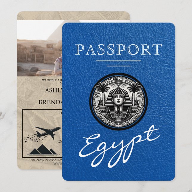 Convite de Casamento Passaporte Azul Real Egito (Frente/Verso)