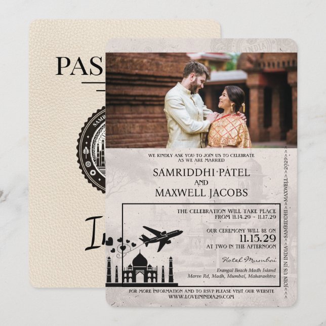 Convite de Casamento Passaporte Marfim Índia (Frente/Verso)