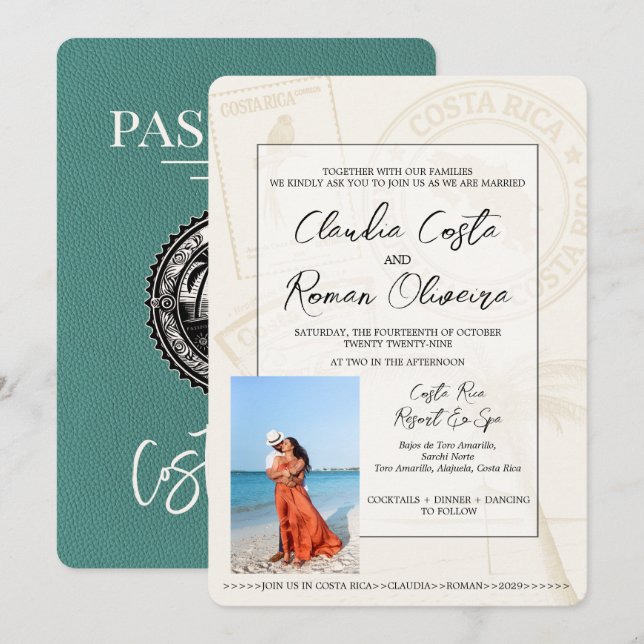 Convite de Casamento Passaporte Turquesa Costa Ric (Frente/Verso)