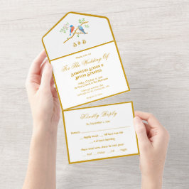 Convite de Casamento Pássaros Azuis Tudo em Um