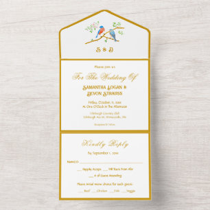 Convite de Casamento Pássaros Azuis Tudo em Um