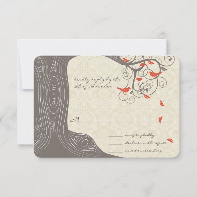 Convite de Casamento Pássaros de Amor com Tronco d (Frente)