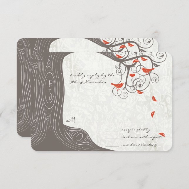 Convite de Casamento Pássaros de Amor Coral Madeir (Frente/Verso)