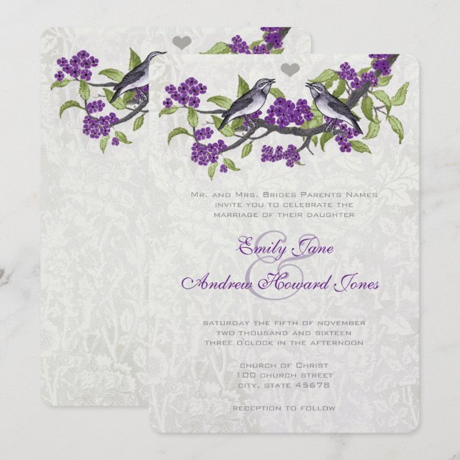 Convite de Casamento Pássaros do Amor Roxo e Cinza (Frente/Verso)