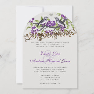 Convite de Casamento Pássaros do Amor Roxo e Cinza