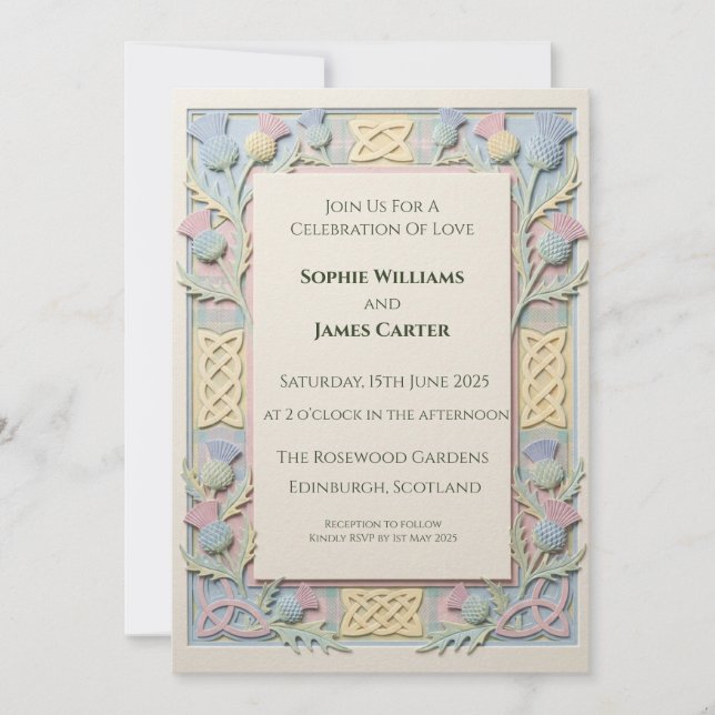 Convite de Casamento Pastel 3D Celtic Thistle (Frente)