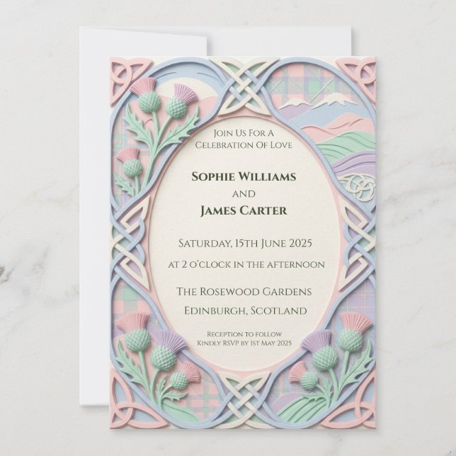 Convite de Casamento Pastel Celtic Highland (Frente)
