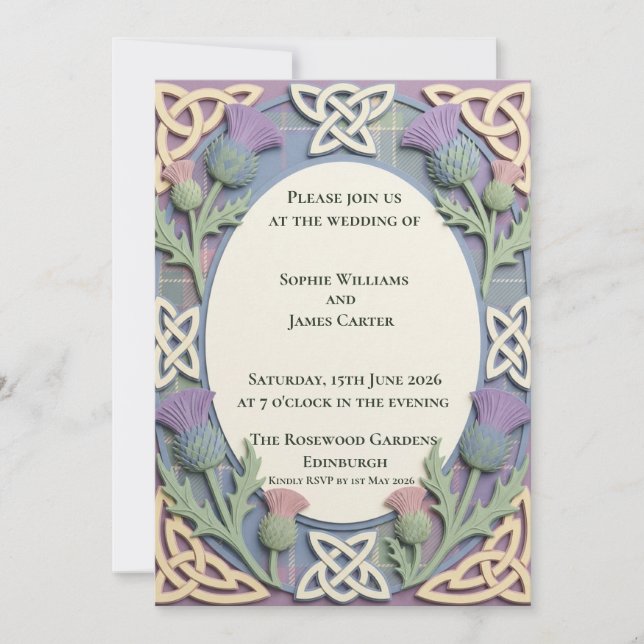 Convite de Casamento Pastel Celtic Thistle Tartan (Frente)