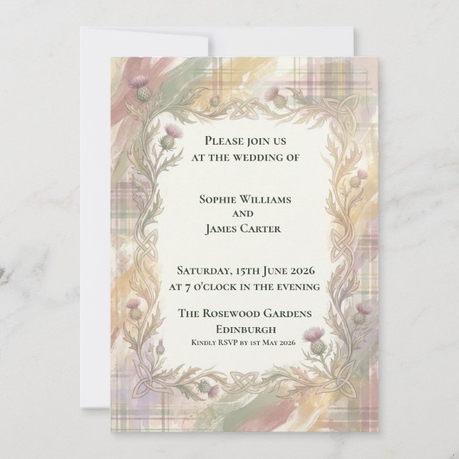Convite de Casamento Pastel Tartan Celtic Thistle (Frente)