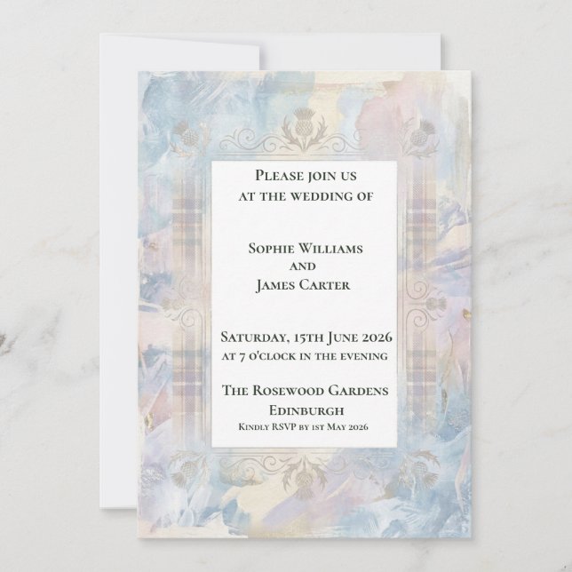 Convite de Casamento Pastel Tartan Thistle (Frente)