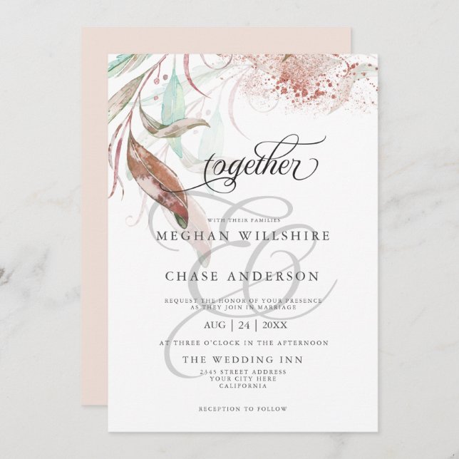 CONVITE DE CASAMENTO | Pastel Watercolor Wispy Fol (Frente/Verso)