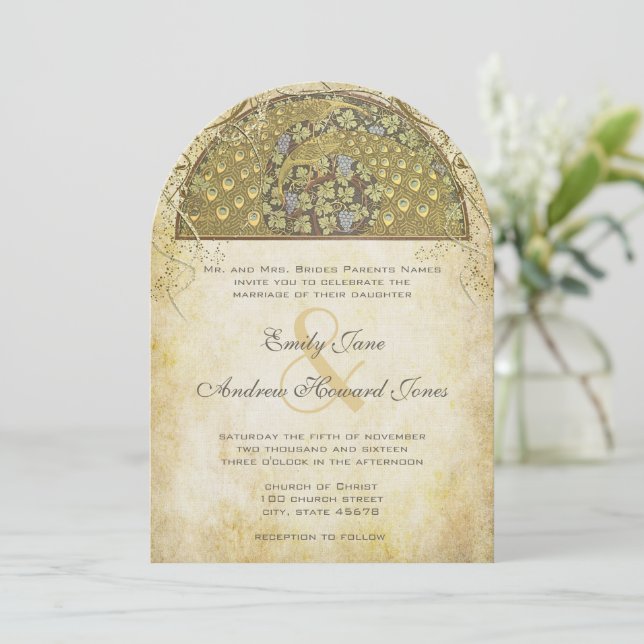 Convite de Casamento Pavão Art Déco Dourado (Em pé/Frente)