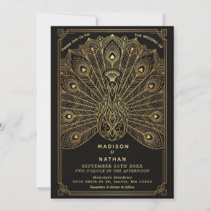 Convite de Casamento Pavão Art Déco Dourado Preto