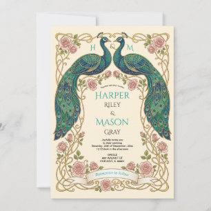 Convite de Casamento Pavão Arte Nova Floral Quadro