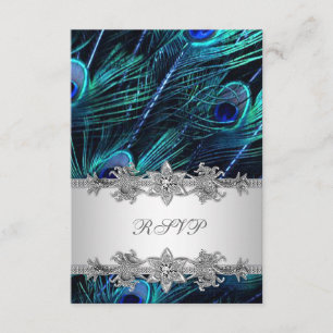 Convite de Casamento Pavão Azul Real Prata RSVP