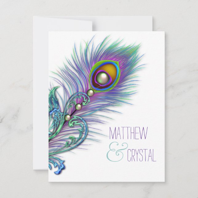 Convite de Casamento Pavão Azul Turquesa e Roxo (Frente)