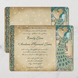 Convite de Casamento Pavão Conto de Fadas Dourado