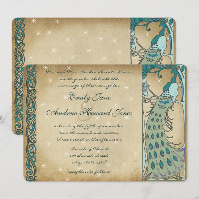 Convite de Casamento Pavão Conto de Fadas Dourado (Frente/Verso)