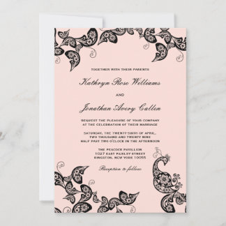 Convite de casamento Pavão Negro Floral Vintage Ch