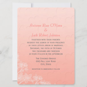 Convite de Casamento Peach Coral Hearts and Flower
