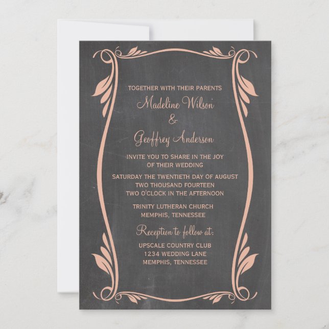 Convite de casamento Peach Flourish Chalkboard (Frente)