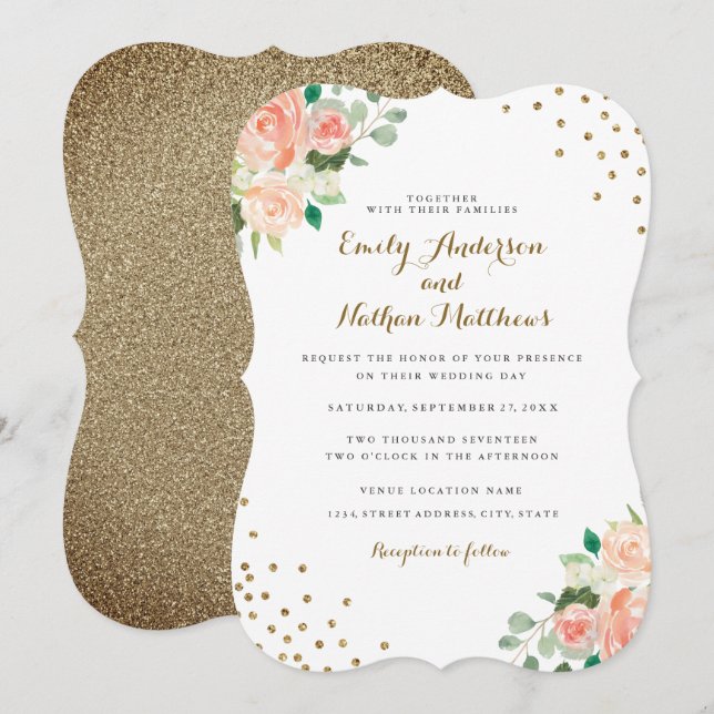 Convite de Casamento Peach Gold Floral Confetti (Frente/Verso)