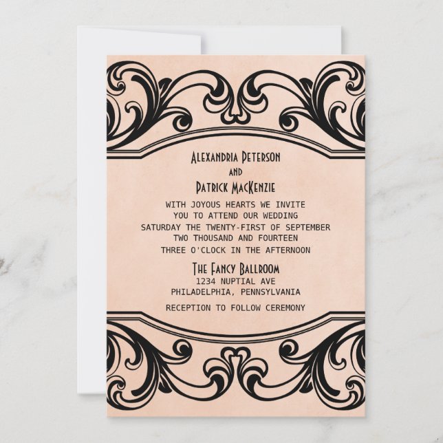 Convite de casamento Peach Vintage Swirls (Frente)
