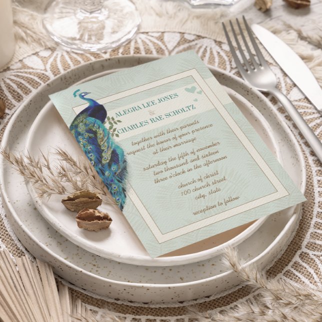 Convite de Casamento Peacock Azul Água e Azul Mari (Criador carregado)